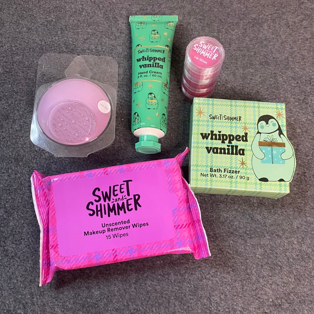 Sweet & Shimmer Beauty Set: Hand Cream, Lip Gloss, Bath Fizzer, Wipes Sponge New